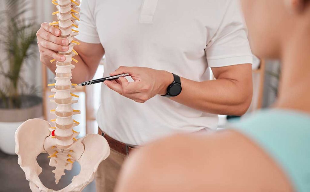 Adult receiving gentle back mobility treatment beside a spine model in a clinical room.